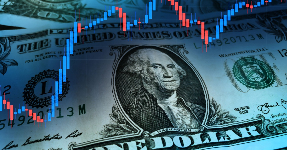 A US dollar with a market index chart.