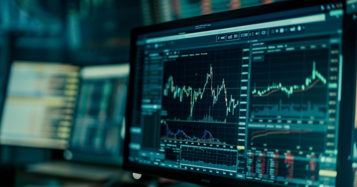 Stock market graphs on a screen.