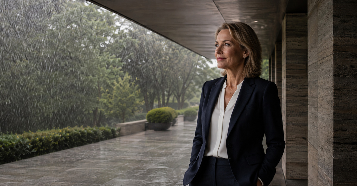 A business woman looking at the rain
